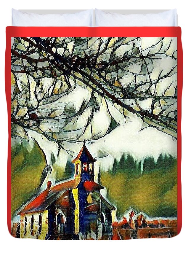Country Church In December Duvet Cover featuring the painting December Country Church by PainterArtist FIN