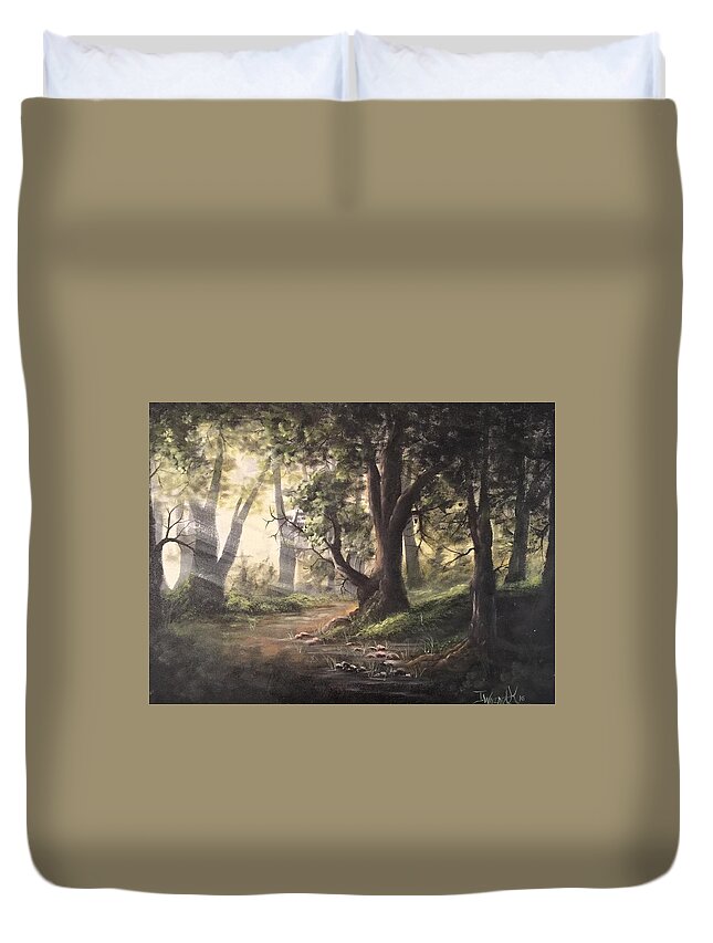 Landscape Forest Sunray Water Stream Trees Grassy Hills Rocky Stream Duvet Cover featuring the painting Deep forest rays by Justin Wozniak