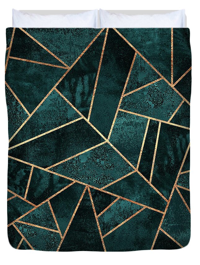Abstract Duvet Cover featuring the digital art Deep Teal Stone by Elisabeth Fredriksson
