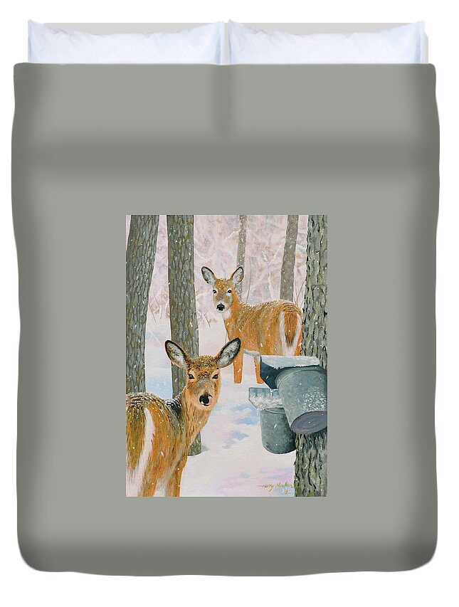 Animal Duvet Cover featuring the painting Deer and Sap Buckets by Harry Moulton