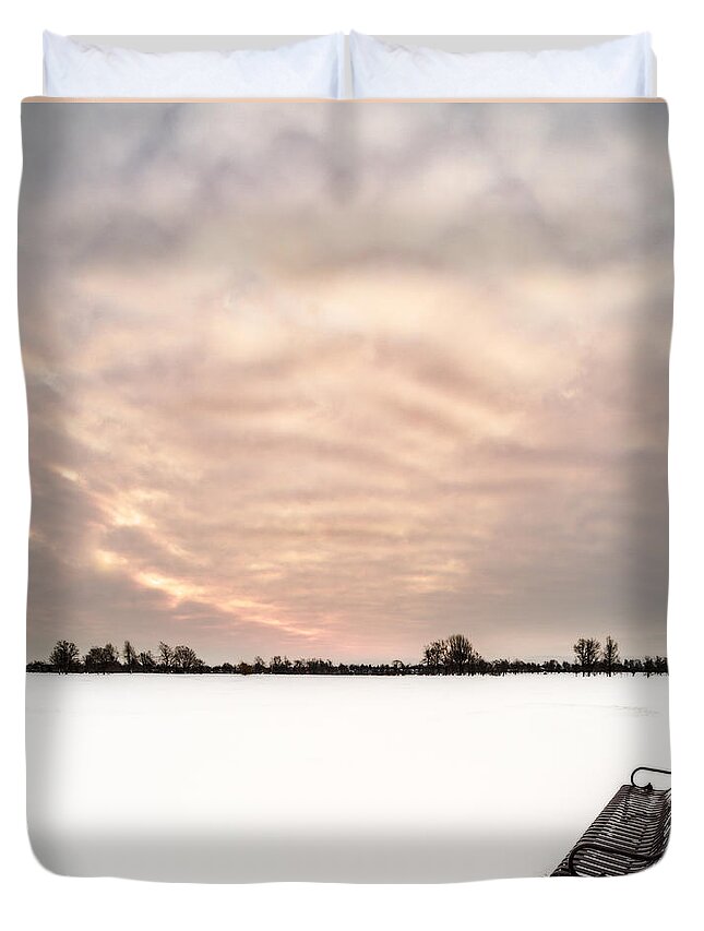 Bench Duvet Cover featuring the photograph Delaware Park Winter Solace by Chris Bordeleau