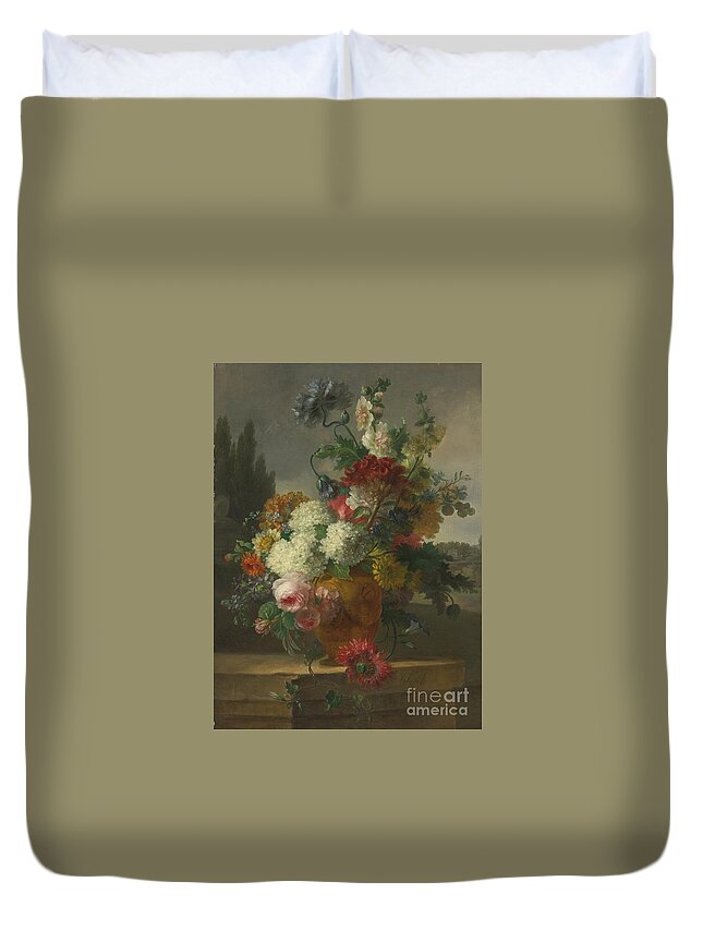 Willem Van Leen Dordrecht 1753 - 1825 Delfshaven Still Life Of Flowers In A Vase Resting On A Stone Ledge. Beautiful Flowers Duvet Cover featuring the painting Delfshaven Still Life Of Flowers In A Vase by MotionAge Designs