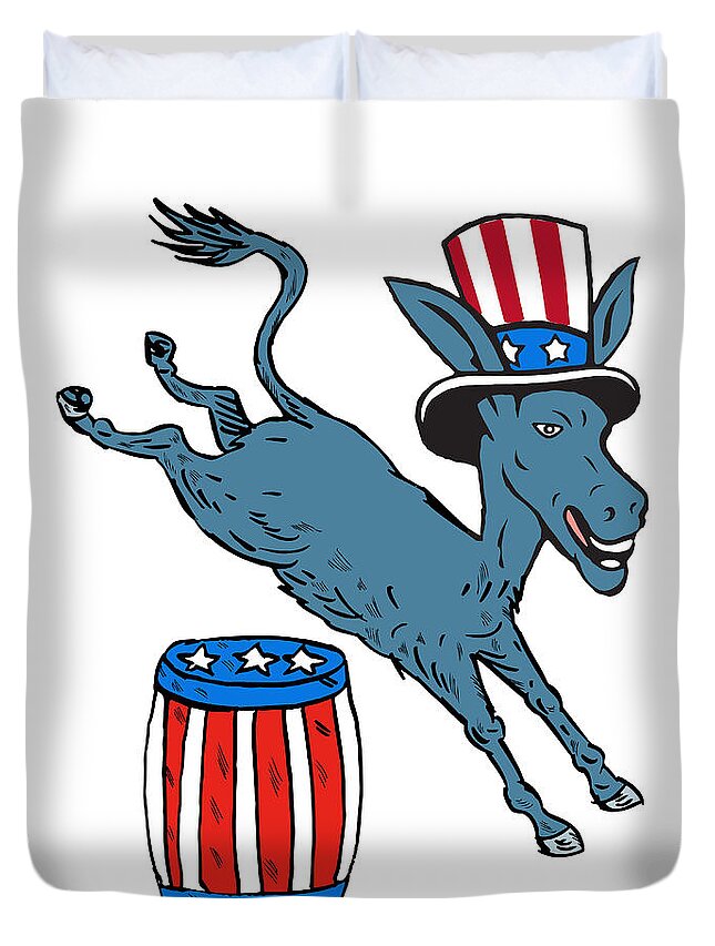 Donkey Duvet Cover featuring the digital art Democrat Donkey Mascot Jumping Over Barrel Cartoon by Aloysius Patrimonio