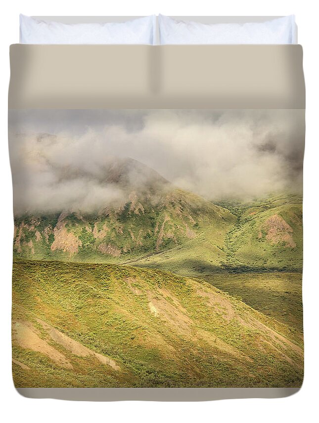 Alaska Duvet Cover featuring the photograph Denali National Park Mountain Under Clouds by Joni Eskridge