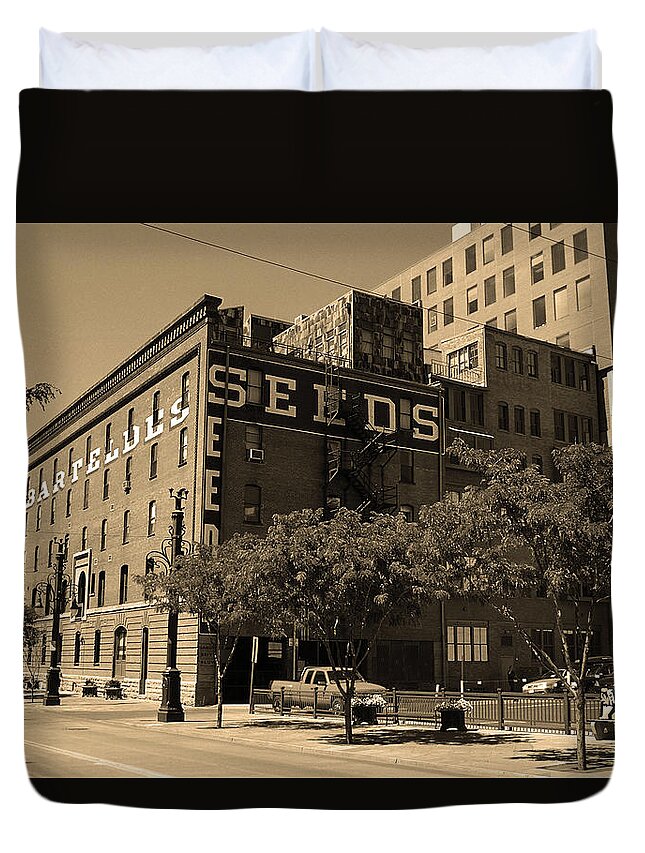 16th Duvet Cover featuring the photograph Denver Downtown Warehouse Sepia by Frank Romeo