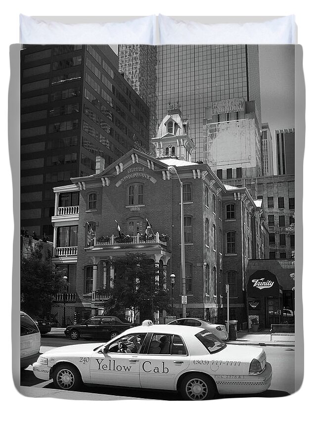 America Duvet Cover featuring the photograph Denver Downtown with Yellow Cab BW by Frank Romeo