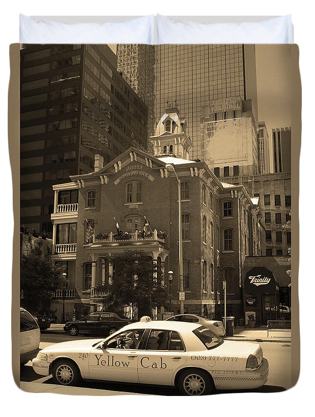 America Duvet Cover featuring the photograph Denver Downtown with Yellow Cab Sepia by Frank Romeo