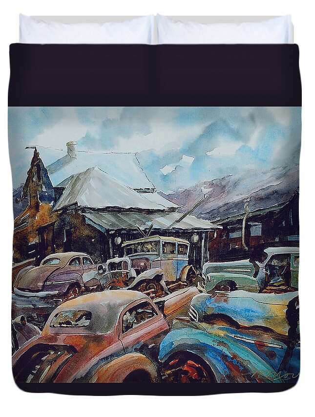 Cars Duvet Cover featuring the painting Derelicts at Hillsboro by Ron Morrison