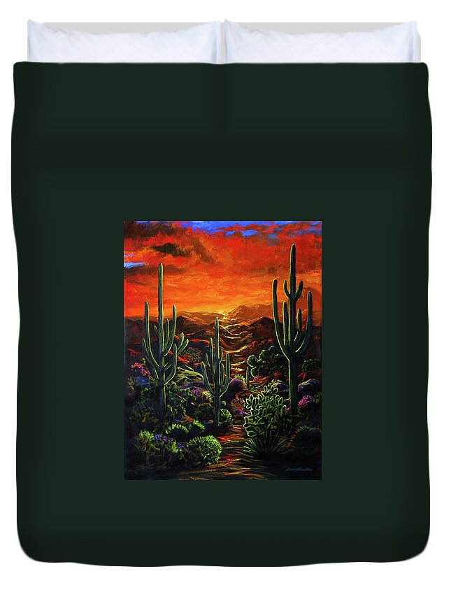 Sunset Duvet Cover featuring the painting Desert Sunset by Lance Headlee