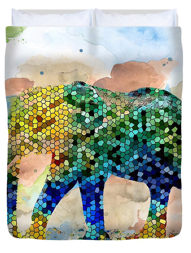 Mosaic Duvet Cover featuring the painting Design 37 Mosaic Elephant by Lucie Dumas
