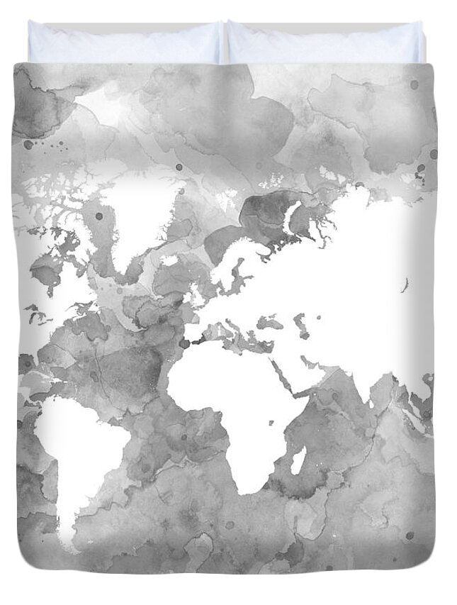 World Duvet Cover featuring the digital art Design 49 World Map Grayscale by Lucie Dumas