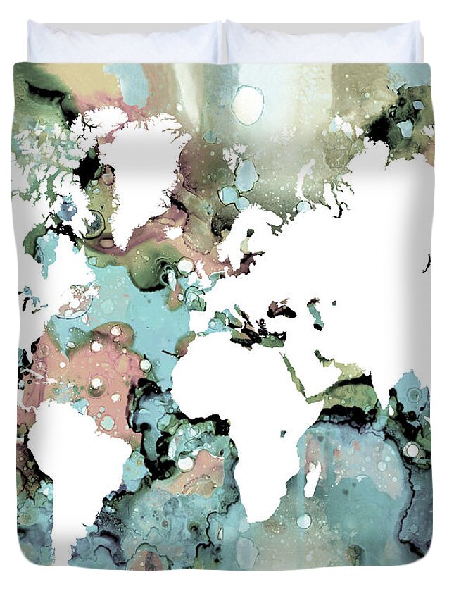 World Duvet Cover featuring the mixed media Design 96 World Map by Lucie Dumas