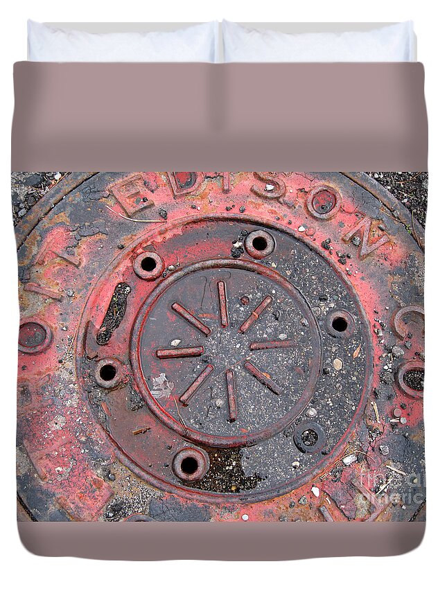 Manhole Cover Duvet Cover featuring the photograph Detroit Edison Co. Manhole Cover After the Rain by Sandra Church