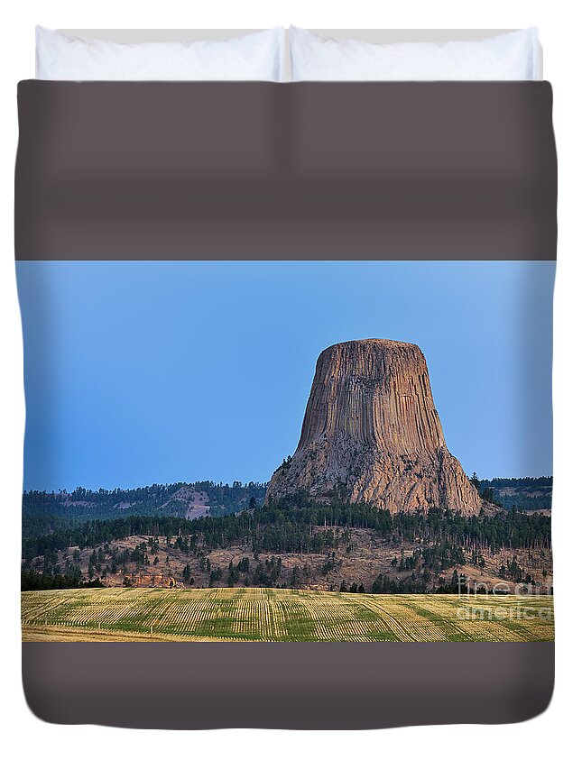 Devils Tower Wyoming Rock Stone National Park Monument Duvet Cover featuring the photograph Devils' Tower at Sunrise 6761 by Ken DePue