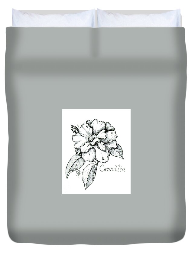 Camellia Duvet Cover featuring the drawing Dew Kissed Camellia by Nicole Angell