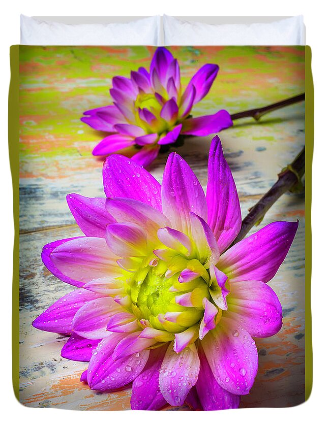 Color Duvet Cover featuring the photograph Dewy Dahlia by Garry Gay