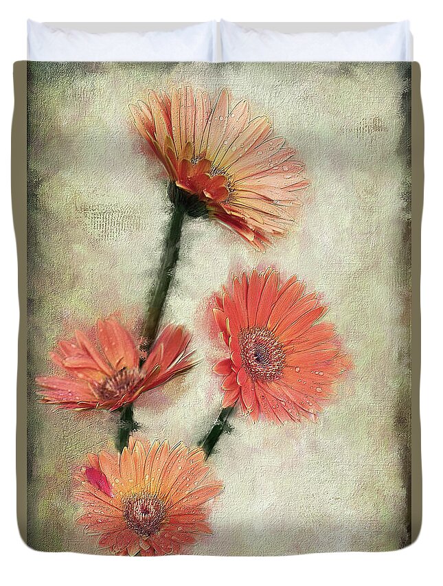 Zinnia Duvet Cover featuring the photograph Dewy Muted Zinnias by Lois Bryan