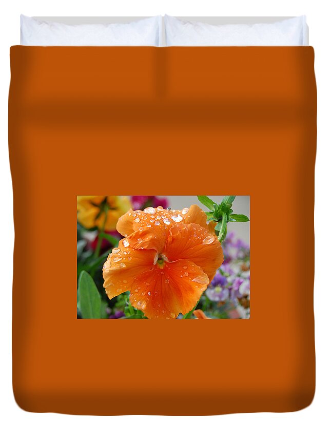 Flower Duvet Cover featuring the photograph Dewy Pansy 3 by Amy Fose