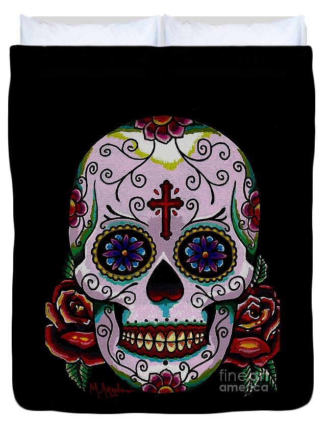 Skull Duvet Cover featuring the painting Dia De Los Muertos by Maria Arango