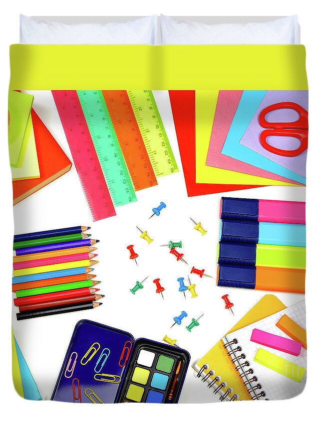 Accessories Duvet Cover featuring the photograph Different school supplies by Anna Om