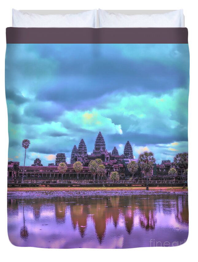 Angkor Wat Duvet Cover featuring the photograph Digital Art Cambodia Angkor Wat by Chuck Kuhn
