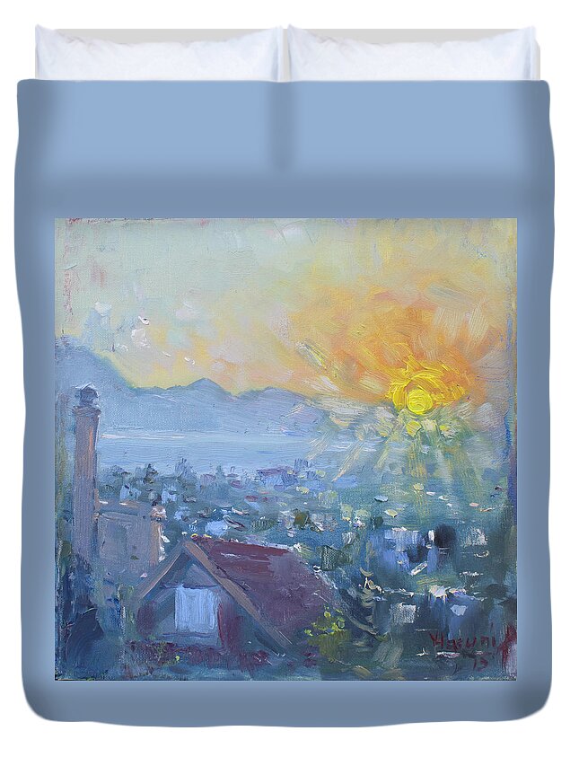 Sunrise Duvet Cover featuring the painting Dilesi in a Brand New Day by Ylli Haruni