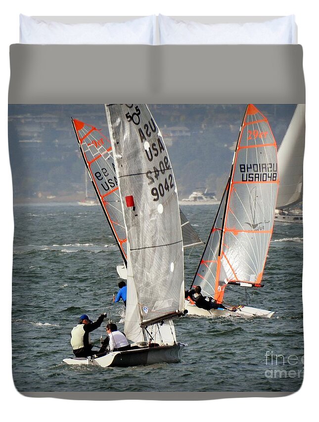 29er Dinghy Duvet Cover featuring the photograph Dinghies Sailing Downwind by Scott Cameron