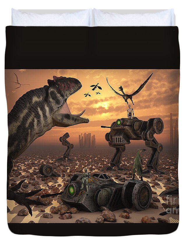 Digitally Generated Image Duvet Cover featuring the digital art Dinosaurs And Robots Fight A War by Mark Stevenson