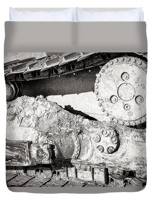Caterpillar Tracks Duvet Cover featuring the photograph Dirty Industry Track and Cog by John Williams
