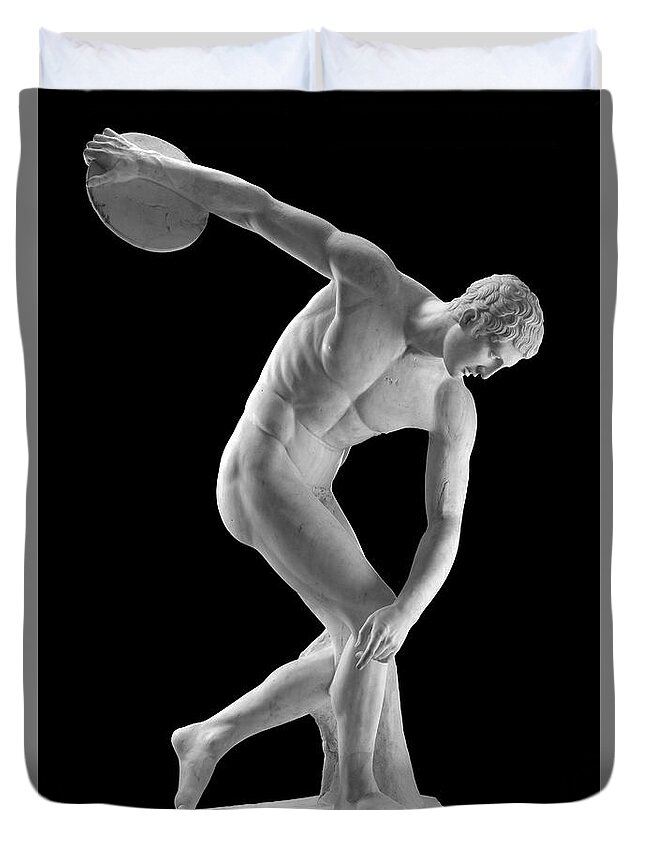 Discobolus Duvet Cover featuring the photograph Discobolus of Myron Discus Thrower Statue by Kathy Anselmo