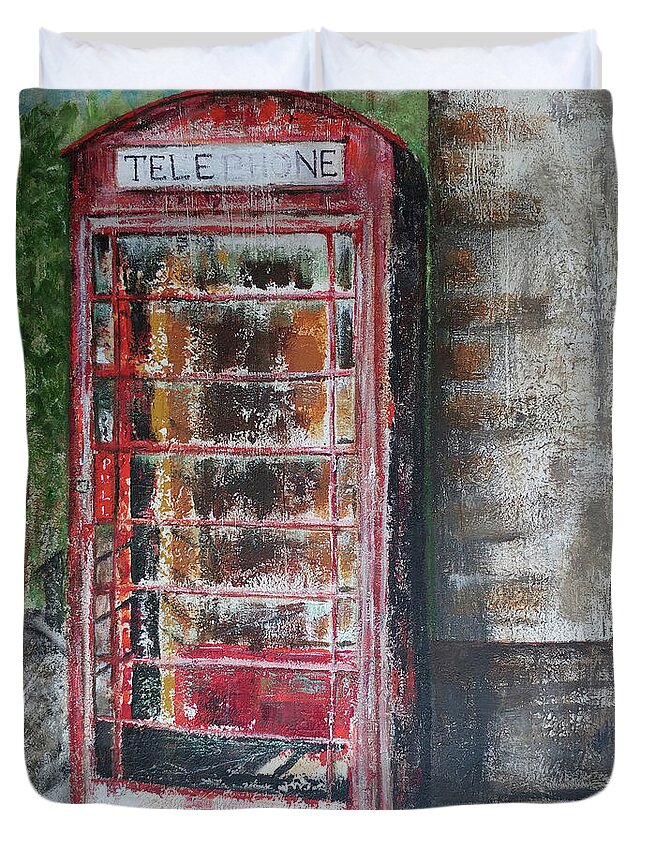 Scotland England Abandoned Red Telephone Booth Vintage Creepy Broken Texture Whisky Duvet Cover featuring the painting Disconnected by Brenda Salamone