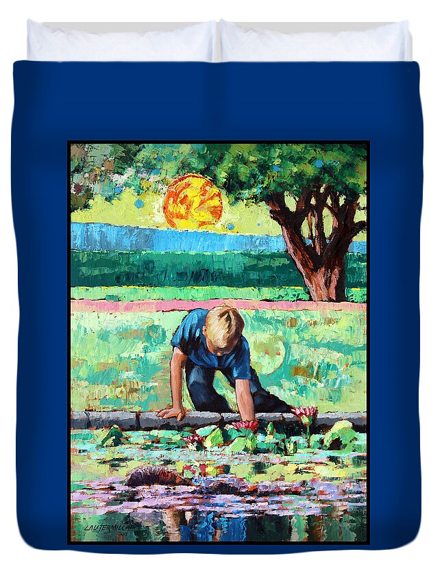 Boy Duvet Cover featuring the painting Discovering A World Of Beauty by John Lautermilch