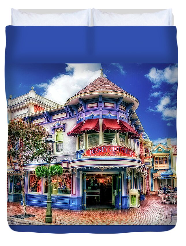 Main Street Duvet Cover featuring the photograph Disney Clothiers Main Street Disneyland 01 by Thomas Woolworth