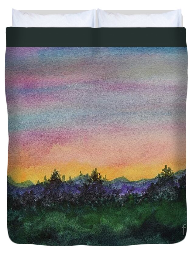 Barrieloustark Duvet Cover featuring the painting Distant Sunset by Barrie Stark