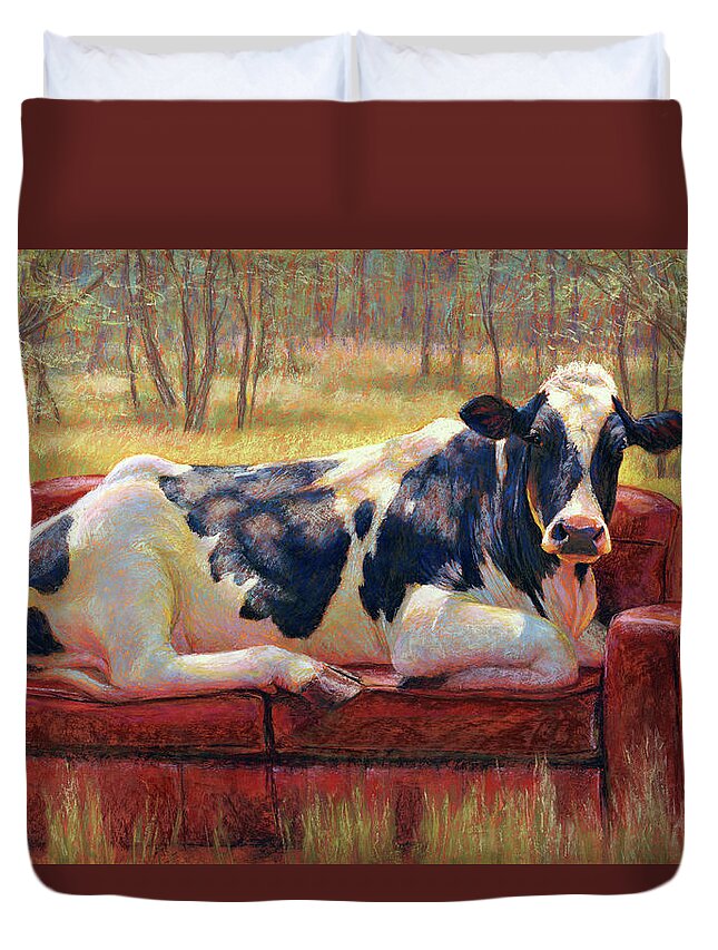 Cow Holstein Woods Landscape Animals Goddess Sunlight Bovine Pastel Black White Duvet Cover featuring the pastel Diva Bovina by Rita Kirkman
