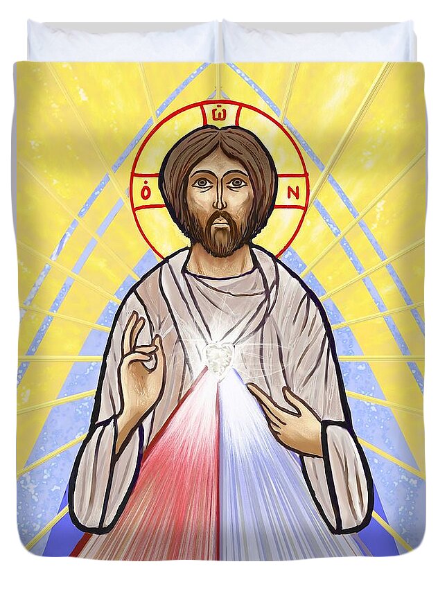 Jesus Duvet Cover featuring the painting Divine Mercy Icon Style by David Luebbert