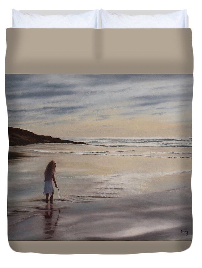 Ocean; Sunset; Divining; Serenity; Contemplation; Child; Sand; Digging; Water Duvet Cover featuring the painting Divining by Marg Wolf