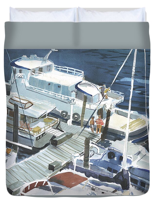 Boat Duvet Cover featuring the painting Dockside by Thomas Tribby