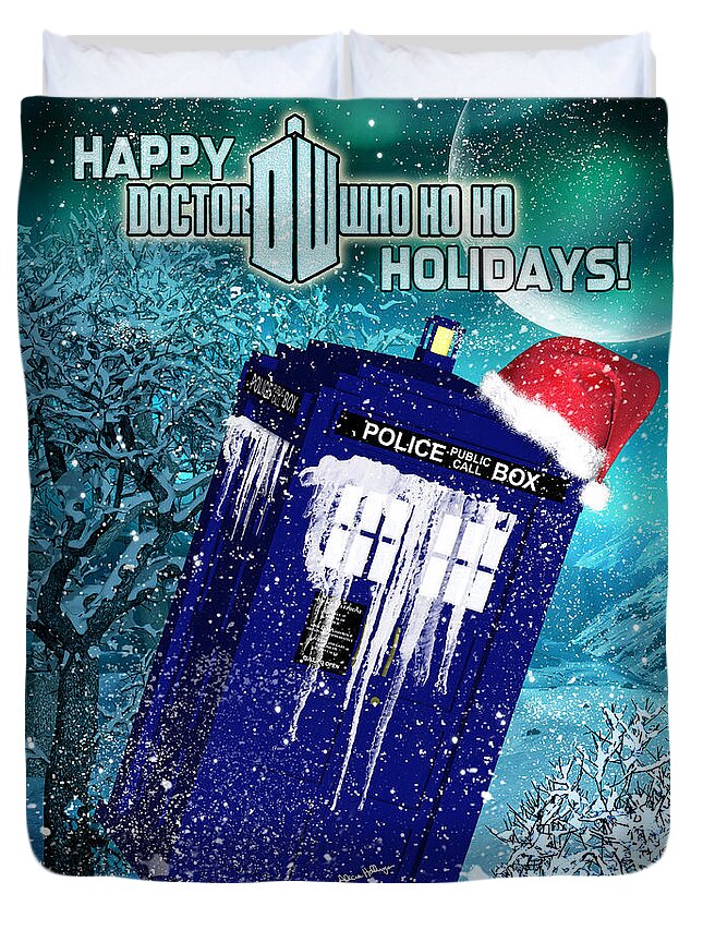 Doctor Who Duvet Cover featuring the digital art Doctor Who Tardis Holiday Card by Alicia Hollinger
