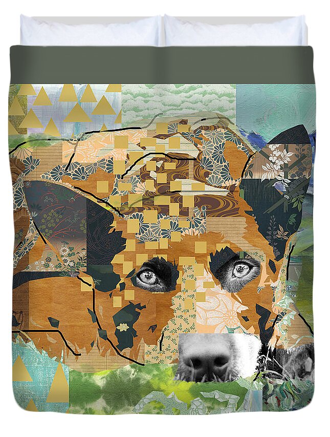 Dog Duvet Cover featuring the mixed media Dog Dreaming Collage by Claudia Schoen