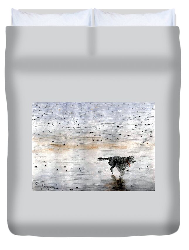Watercolor Duvet Cover featuring the painting Dog on Beach by Chriss Pagani