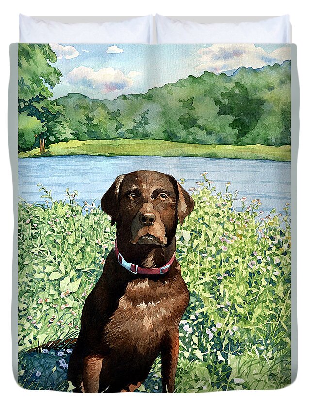 #portrait #dog #watercolor #painting #water #stateparks #hunting Duvet Cover featuring the painting Dog Portrait #1 by Mick Williams