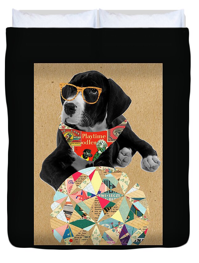 Dog Duvet Cover featuring the mixed media Dog with Ball by Claudia Schoen