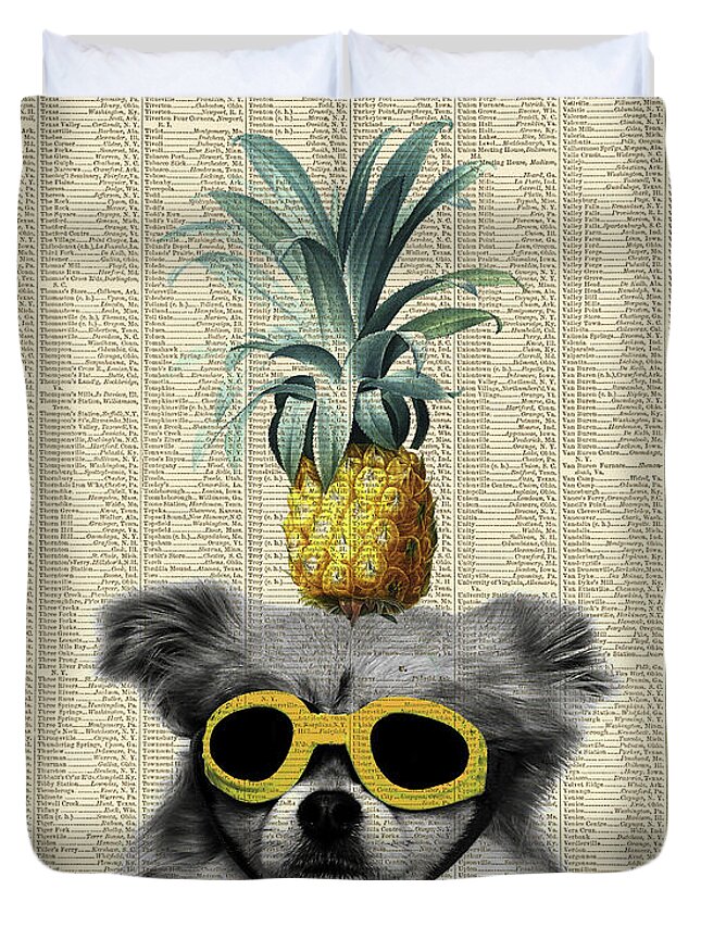 Dog Duvet Cover featuring the photograph Dog with goggles and pineapple by Delphimages Photo Creations
