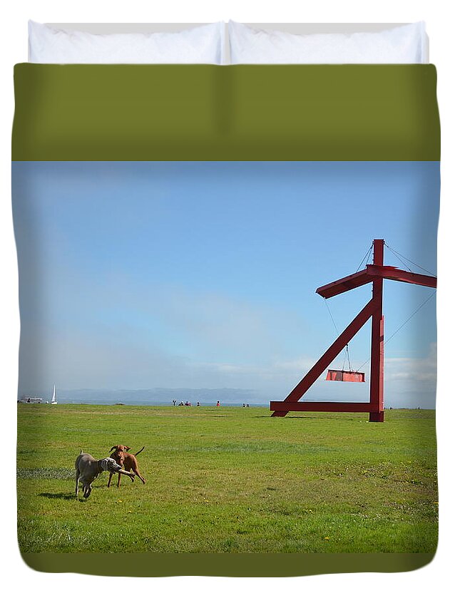 Crissy Field Duvet Cover featuring the photograph Dogs at Crissy Field by Erik Burg