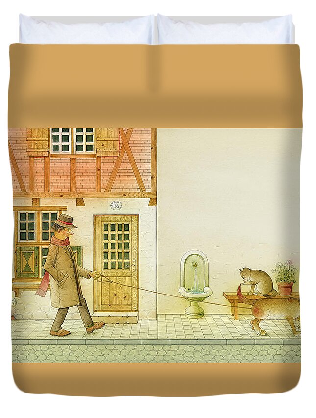 Dog Life City Old Town Street Cat House Illustration Children Book Drawing Animals Duvet Cover featuring the painting Dogs Life10 by Kestutis Kasparavicius