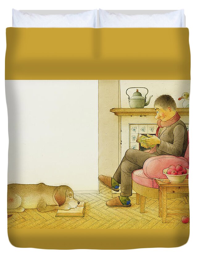 Dog Life Lifestyle Room Apartments Armchair Book Reading Illustration Children Drawing Animals Apples Duvet Cover featuring the painting Dogs Life13 by Kestutis Kasparavicius