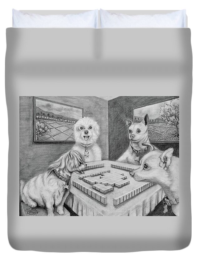 Dogs Duvet Cover featuring the drawing Dogs Playing Mahjong by Cyril Maza