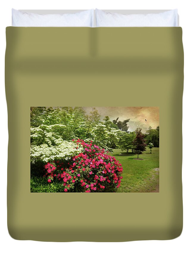 Spring Landscape Duvet Cover featuring the photograph Dogwood and Roses by Diana Angstadt