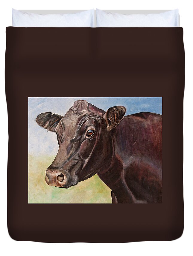 Cattle Duvet Cover featuring the painting Dolly the Angus Cow by Toni Grote